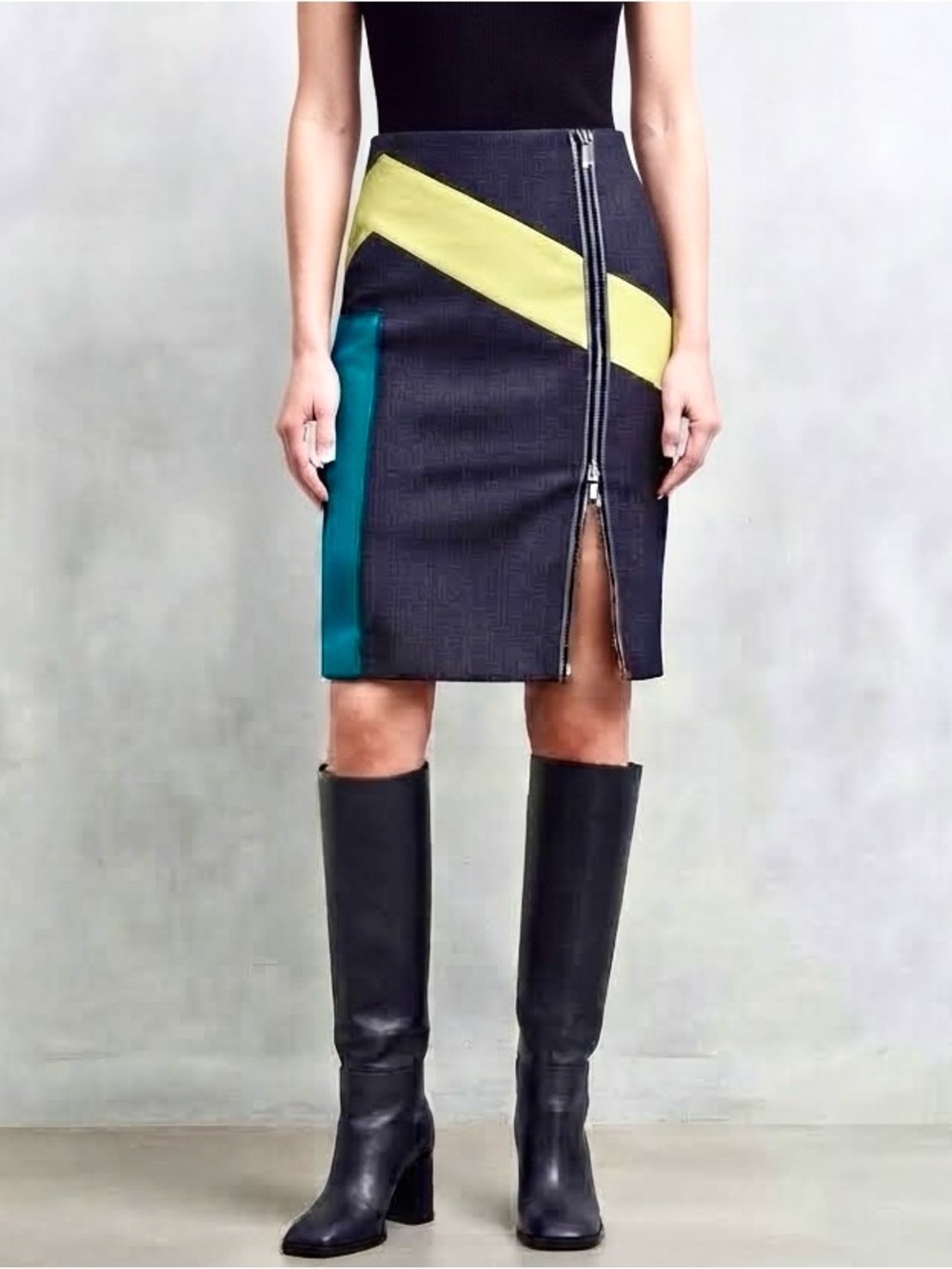 Per Se Carlisle Designer Mod Colorblock Wool Linen Silk Zip Front Pencil Skirt 8